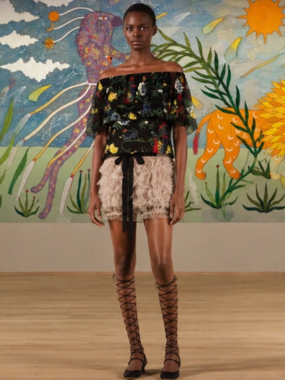 NWOT Tibi Seville Printed Off-the-Shoulder Silk Ruffle Top XS $395